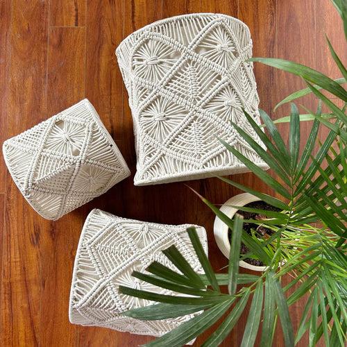 Cotton Round Macrame Set of 3 Storage Baskets Handmade Woven Boho Decor (Beige)