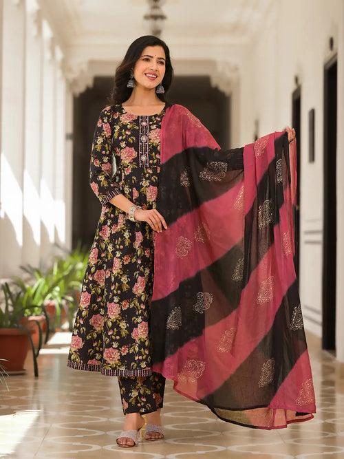 Black Floral Print Zari Work Anarkali Kurta Trouser With Dupatta Set