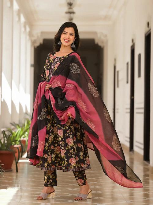 Black Floral Print Zari Work Anarkali Kurta Trouser With Dupatta Set