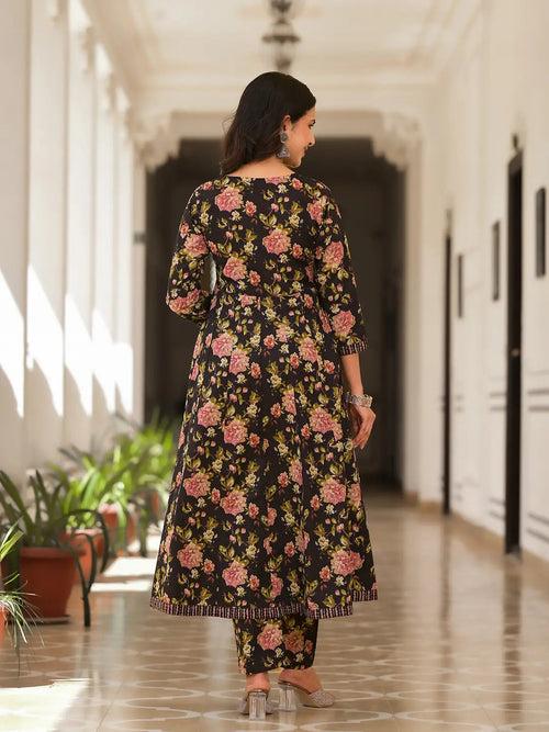 Black Floral Print Zari Work Anarkali Kurta Trouser With Dupatta Set