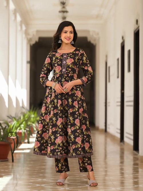 Black Floral Print Zari Work Anarkali Kurta Trouser With Dupatta Set