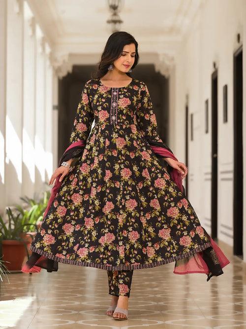 Black Floral Print Zari Work Anarkali Kurta Trouser With Dupatta Set