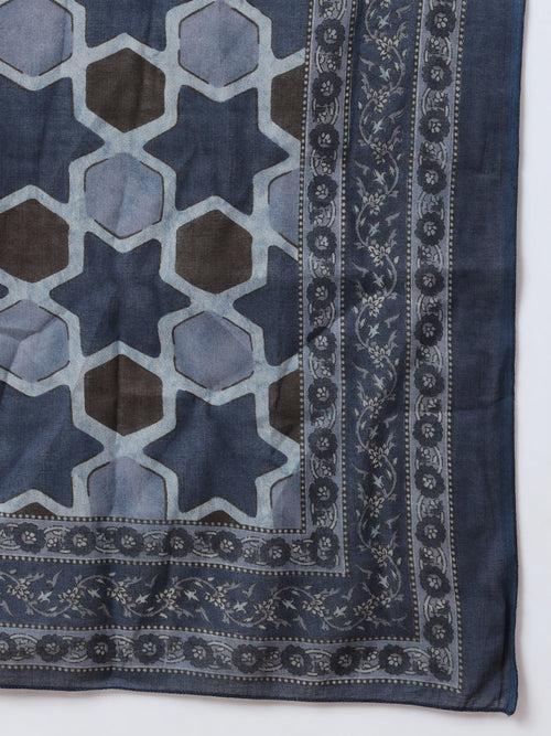 Blue Ethnic Motifs Block Print Straight Kurta Trouser And Dupatta Set