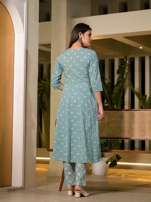 Blue Floral Print Cotton Anarkali Style Kurta With Trousers With Dupatta Set