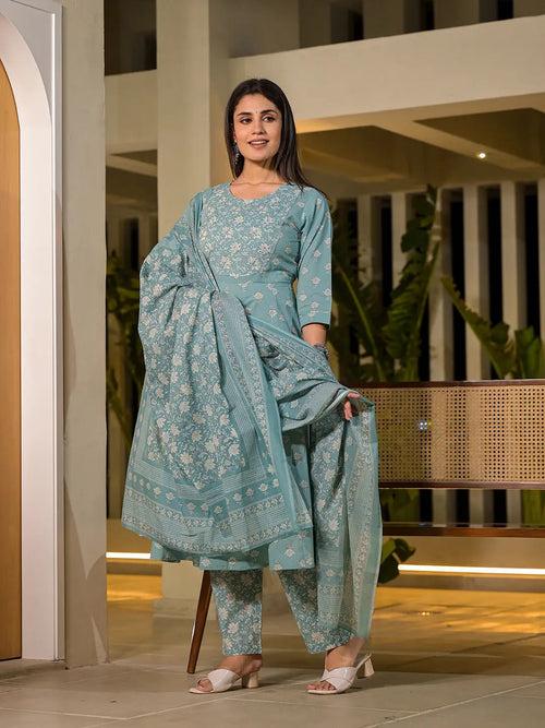 Blue Floral Print Cotton Anarkali Style Kurta With Trousers With Dupatta Set