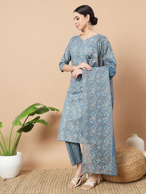 Blue Foli Print Cotton Kurta Dupatta Set