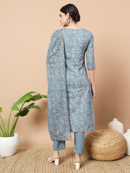 Blue Foli Print Cotton Kurta Dupatta Set