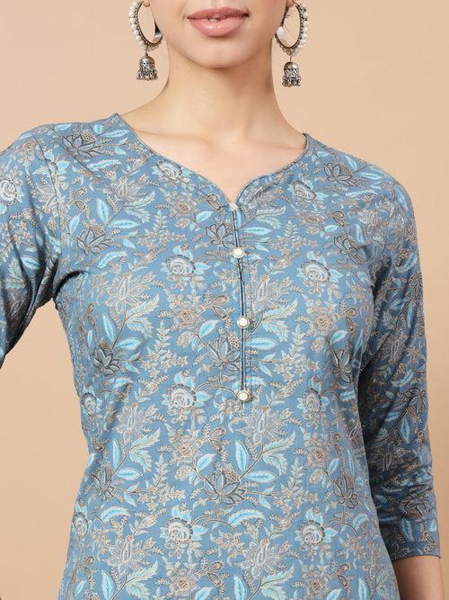 Blue Foli Print Cotton Kurta Dupatta Set