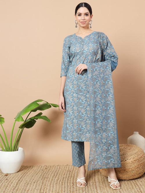 Blue Foli Print Cotton Kurta Dupatta Set