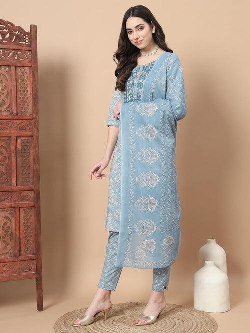 Blue Printed Cotton Kurta Dupatta Set