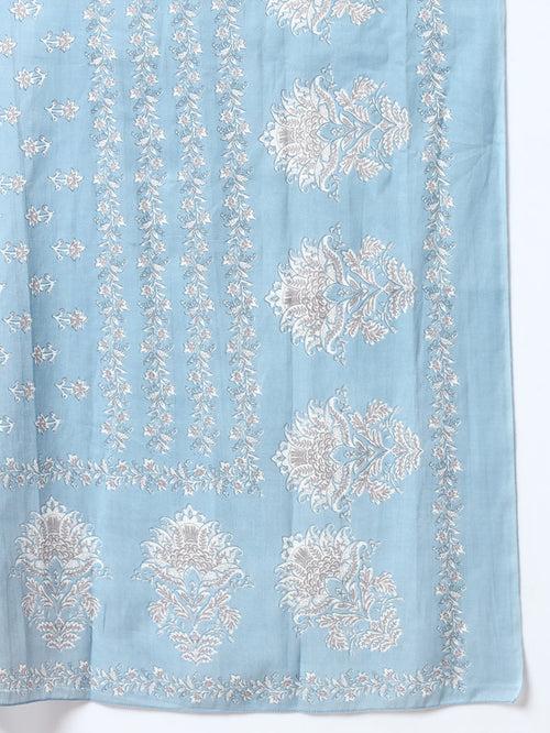 Blue Printed Cotton Kurta Dupatta Set