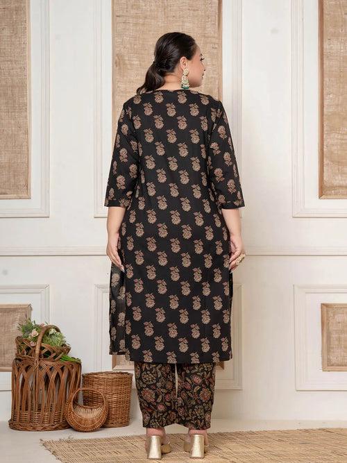 Brown Cotton Printed Embroidered Plus Size Kurta Dupatta Set