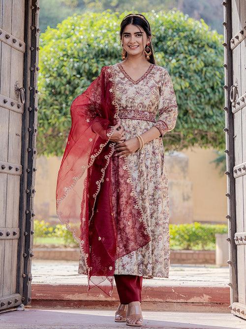 Burgundy Paisley Puff Sleeves Anarkali Kurta Trouser And Dupatta Set