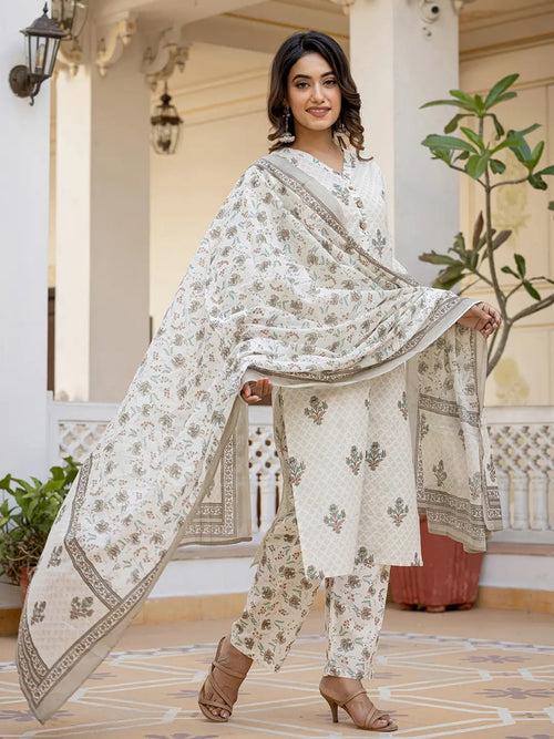 Cream Ethnic Motifs Kurta Trouser And Dupatta Set