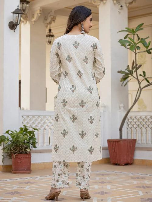 Cream Ethnic Motifs Kurta Trouser And Dupatta Set