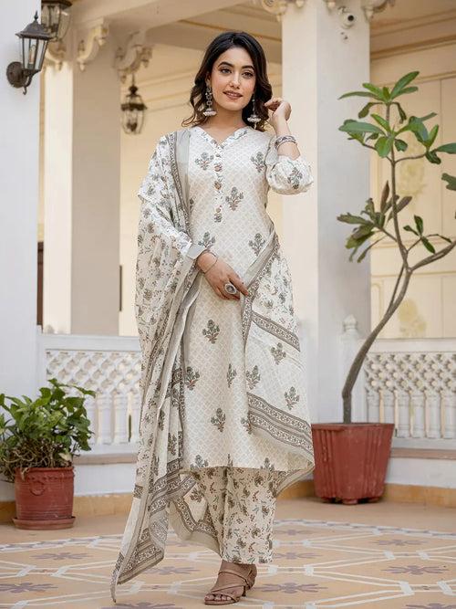 Cream Ethnic Motifs Kurta Trouser And Dupatta Set