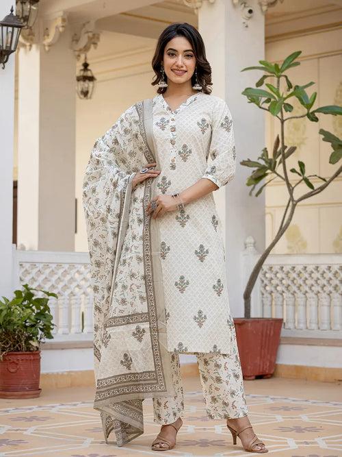 Cream Ethnic Motifs Kurta Trouser And Dupatta Set