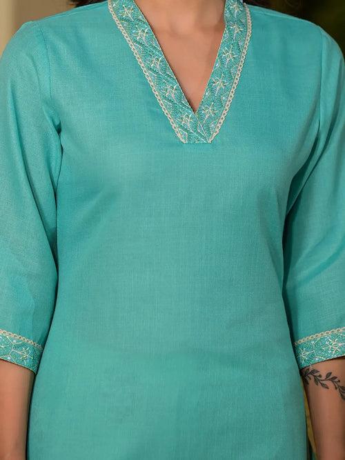 Green Cotton Straight Embroidered On Yoke Kurta With Trousers And Dupatta Set
