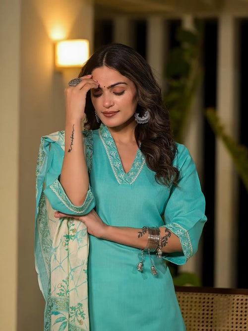 Green Cotton Straight Embroidered On Yoke Kurta With Trousers And Dupatta Set