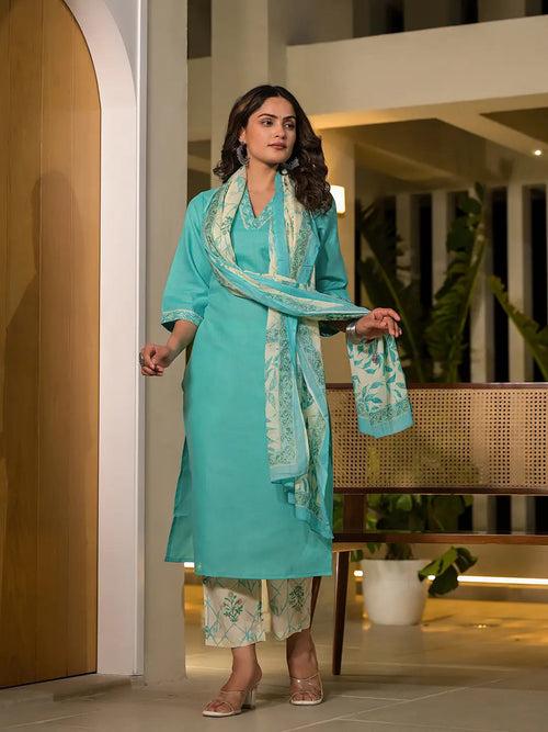 Green Cotton Straight Embroidered On Yoke Kurta With Trousers And Dupatta Set