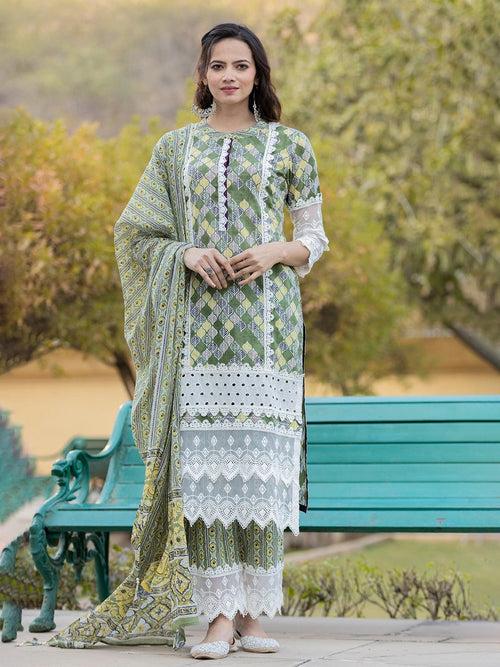 Green Printed Kurta Dupatta Set