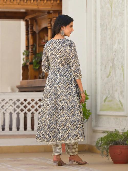 Grey Checkered Print Anarkali Kurta Trouser With Dupatta Set