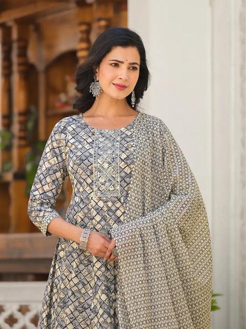 Grey Checkered Print Anarkali Kurta Trouser With Dupatta Set