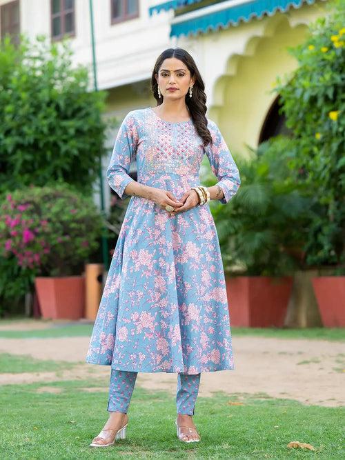 Grey Zari_Work Anarkali Kurta Pant Dupatta Set