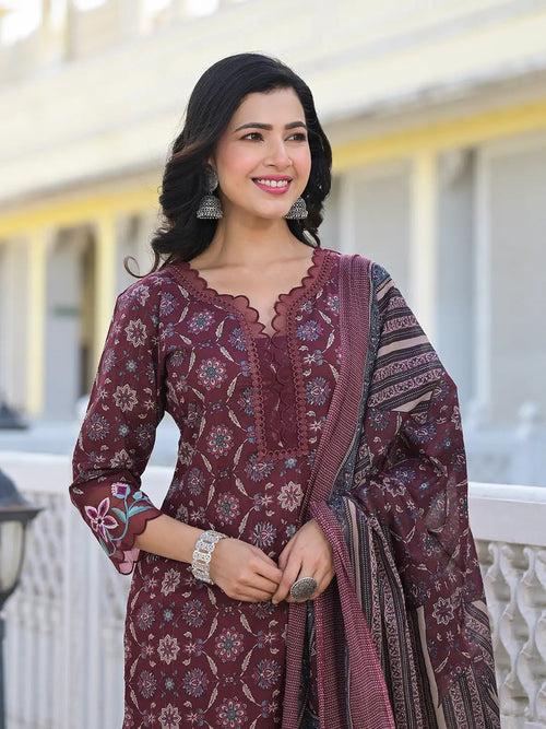 Maroon Ethnic Motifs Pakistani Style Kurta Trouser And Dupatta Set