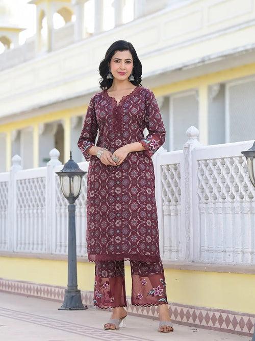 Maroon Ethnic Motifs Pakistani Style Kurta Trouser And Dupatta Set