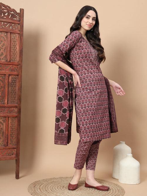 Mauve Thread_Work Printed Cotton Kurta Dupatta Set