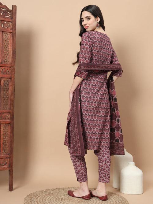 Mauve Thread_Work Printed Cotton Kurta Dupatta Set