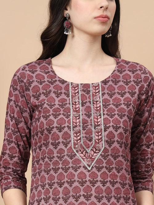 Mauve Thread_Work Printed Cotton Kurta Dupatta Set