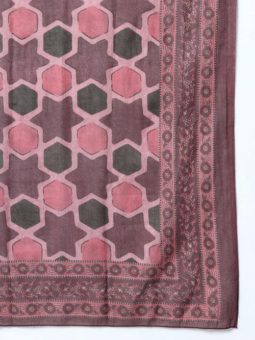 Mauve Thread_Work Printed Cotton Kurta Dupatta Set