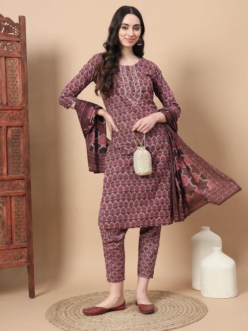 Mauve Thread_Work Printed Cotton Kurta Dupatta Set