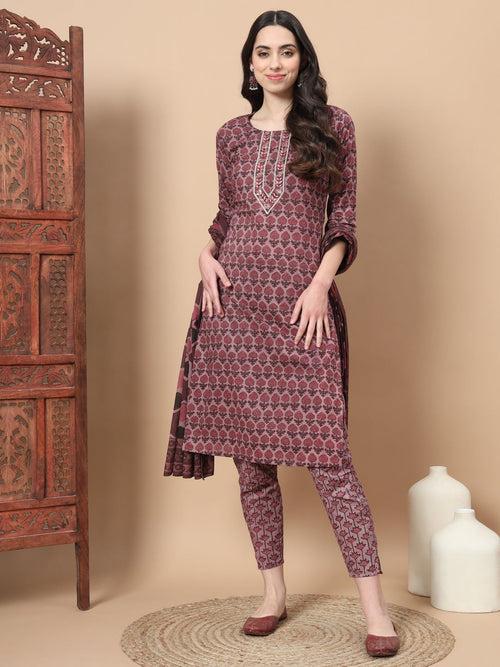 Mauve Thread_Work Printed Cotton Kurta Dupatta Set