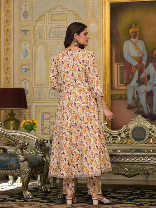 Mustard Leaf Print Zari Work Anarkali Kurta Trouser With Dupatta Set