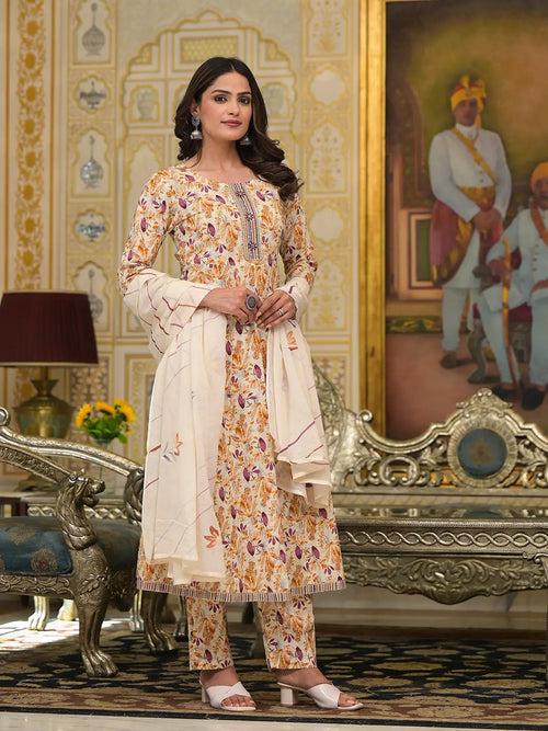 Mustard Leaf Print Zari Work Anarkali Kurta Trouser With Dupatta Set