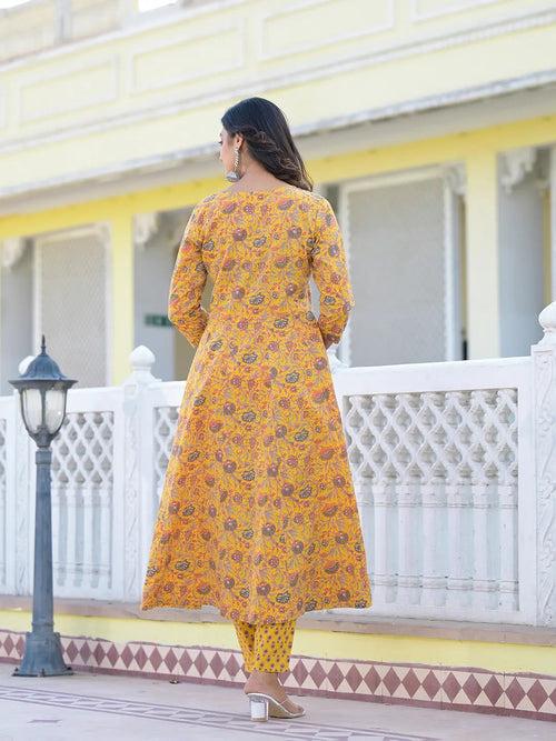 Mustard Yellow Floral Print Anarkali Kurta Trouser And Dupatta Set