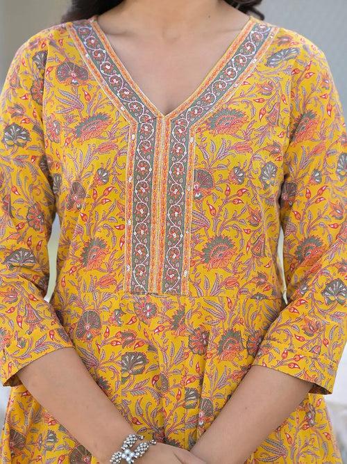 Mustard Yellow Floral Print Anarkali Kurta Trouser And Dupatta Set