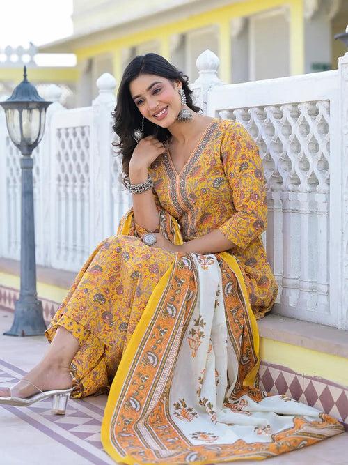 Mustard Yellow Floral Print Anarkali Kurta Trouser And Dupatta Set