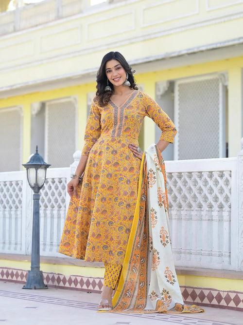 Mustard Yellow Floral Print Anarkali Kurta Trouser And Dupatta Set