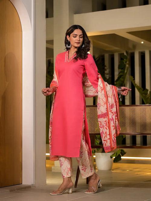 Peach Cotton Straight Embroidered On Yoke Kurta With Trousers And Dupatta Set