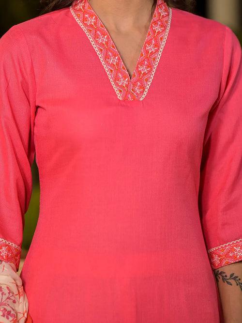 Peach Cotton Straight Embroidered On Yoke Kurta With Trousers And Dupatta Set