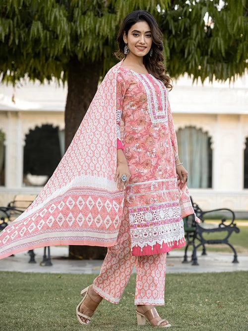 Peach Floral Print Straight Pakistani Style Kurta Trouser And Dupatta Set