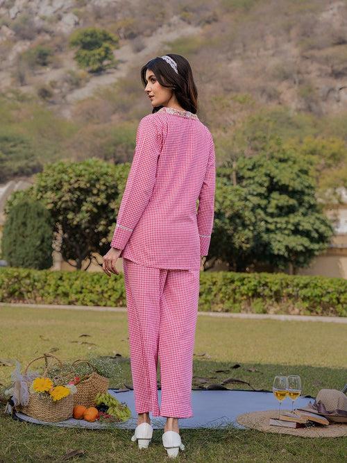 Pink Cotton Checks Print Shawl Neck Co-Ord Set With Embroidery