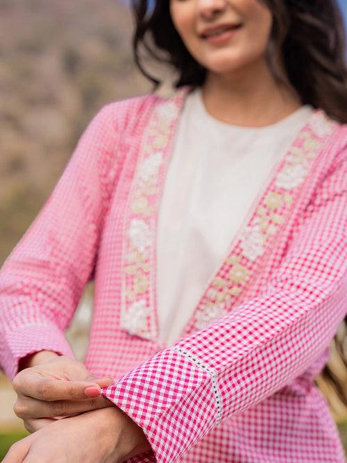 Pink Cotton Checks Print Shawl Neck Co-Ord Set With Embroidery