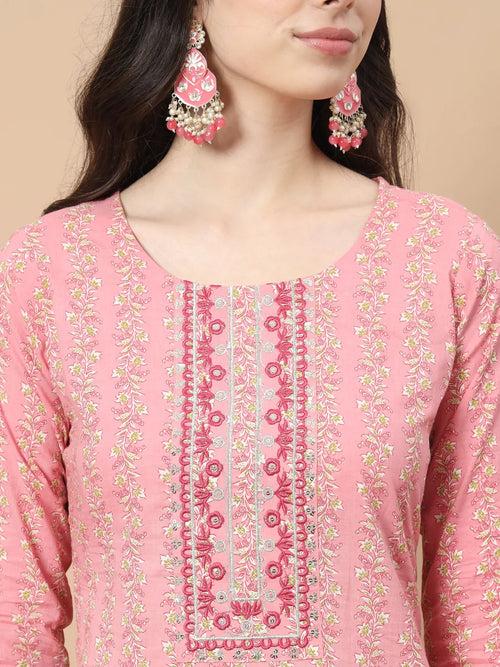 Pink Ethnic Motifs,Thread_Work Straight Kurta Trouser And Dupatta Set