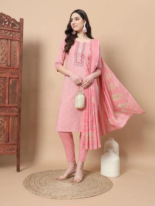 Pink Ethnic Motifs,Thread_Work Straight Kurta Trouser And Dupatta Set