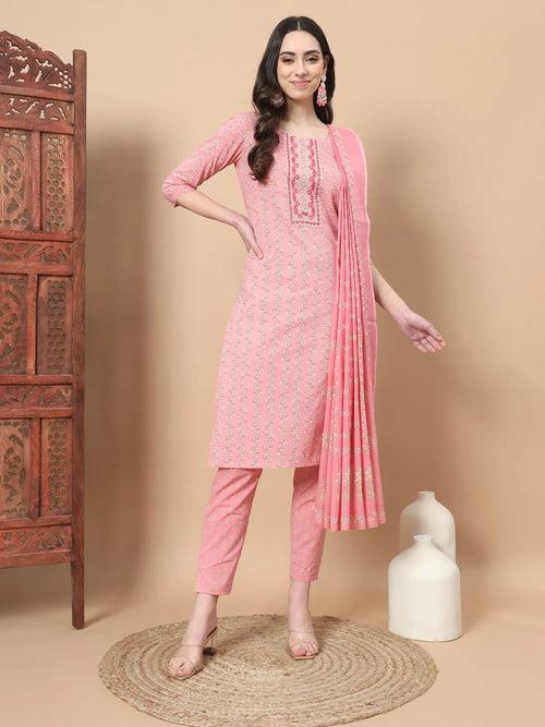 Pink Ethnic Motifs,Thread_Work Straight Kurta Trouser And Dupatta Set